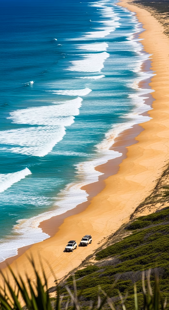 High Angle View of Turquoise Ocean Waves Meeting Sandy Beach and 4x4 Vehicles - Free Mobile AMOLED Wallpaper Background