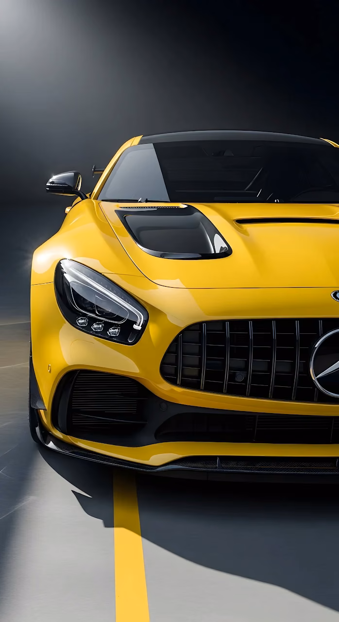 High-Contrast Close-up of Yellow Mercedes-AMG GT Front - Free Mobile AMOLED Wallpaper Background