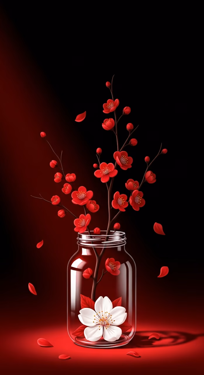 High-Contrast Graphic Illustration of Red Cherry Blossoms in a Glass Jar with Petals Falling - Free Mobile AMOLED Wallpaper Background