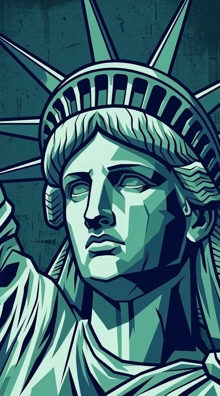 High-Contrast Teal Graphic of Statue of Liberty Portrait - Free Mobile AMOLED Wallpaper Background