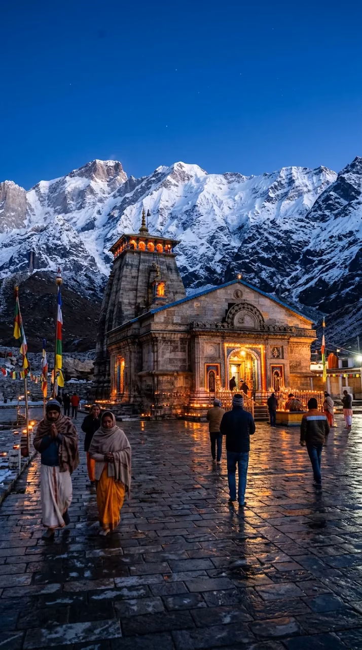 High-Detail Photography of Kedarnath Temple Under a Snowy Mountain at Blue Hour - Free Mobile AMOLED Wallpaper Background