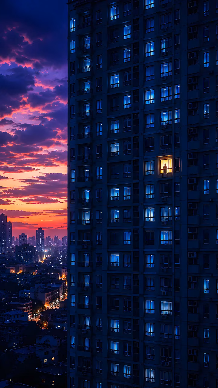 Download City Apartment Tower Sunset View 4K Wallpaper in Mobile HD Tall residential apartment building at twilight with one warmly lit window against a purple sunset.