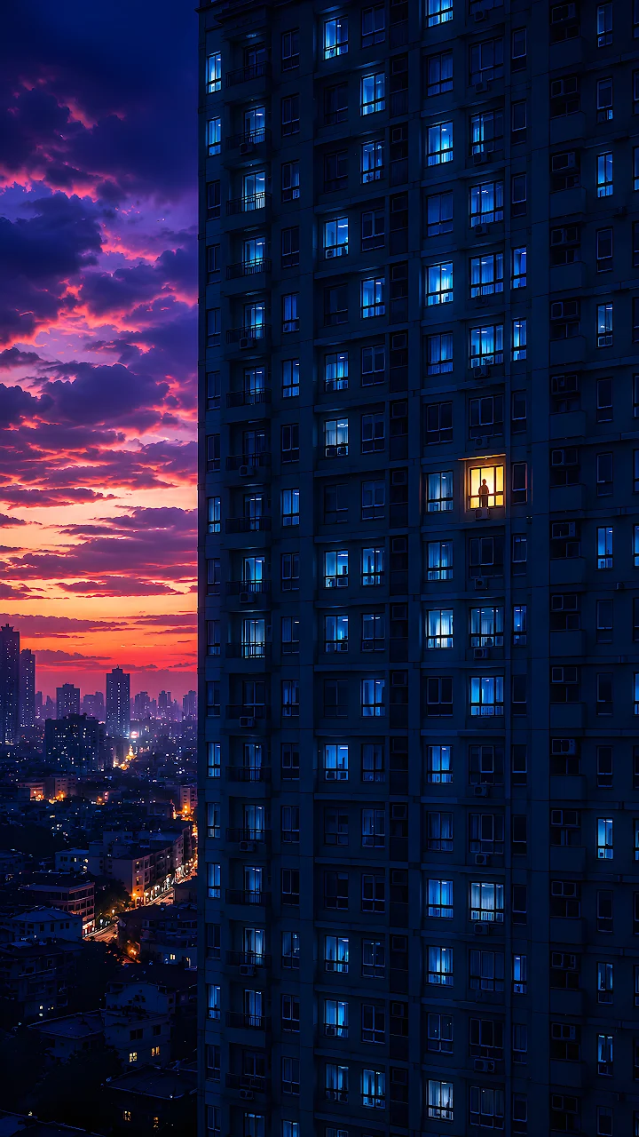 Download City Apartment Tower Sunset View 4K Wallpaper in Mobile HD Tall residential apartment building at twilight with one warmly lit window against a purple sunset.