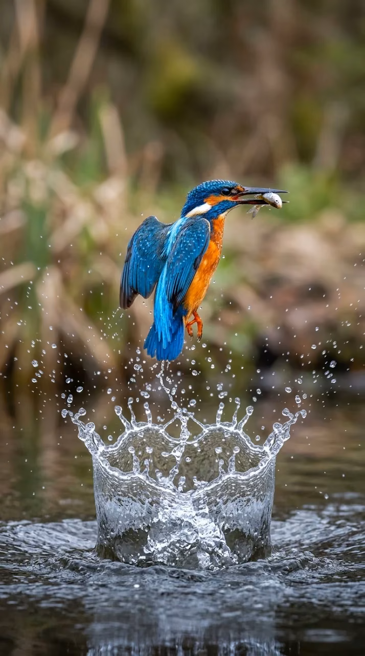 Download High-Speed Action Shot of Kingfisher Emerging from Water with Circular Splash Wallpaper in Mobile HD High-Speed Action Shot of Kingfisher Emerging from Water with Circular Splash - Free Mobile AMOLED Wallpaper Background