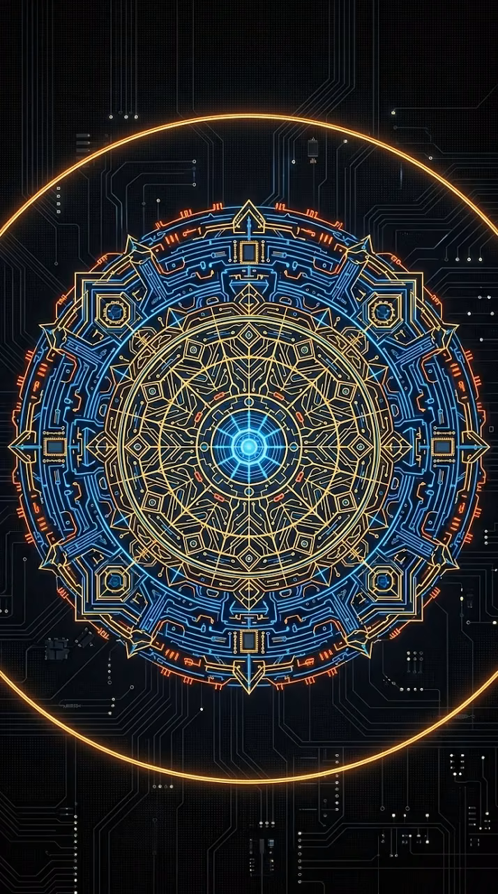 High-Tech Circular Geometric Circuit Mandala on Black - Free Mobile AMOLED Wallpaper Background