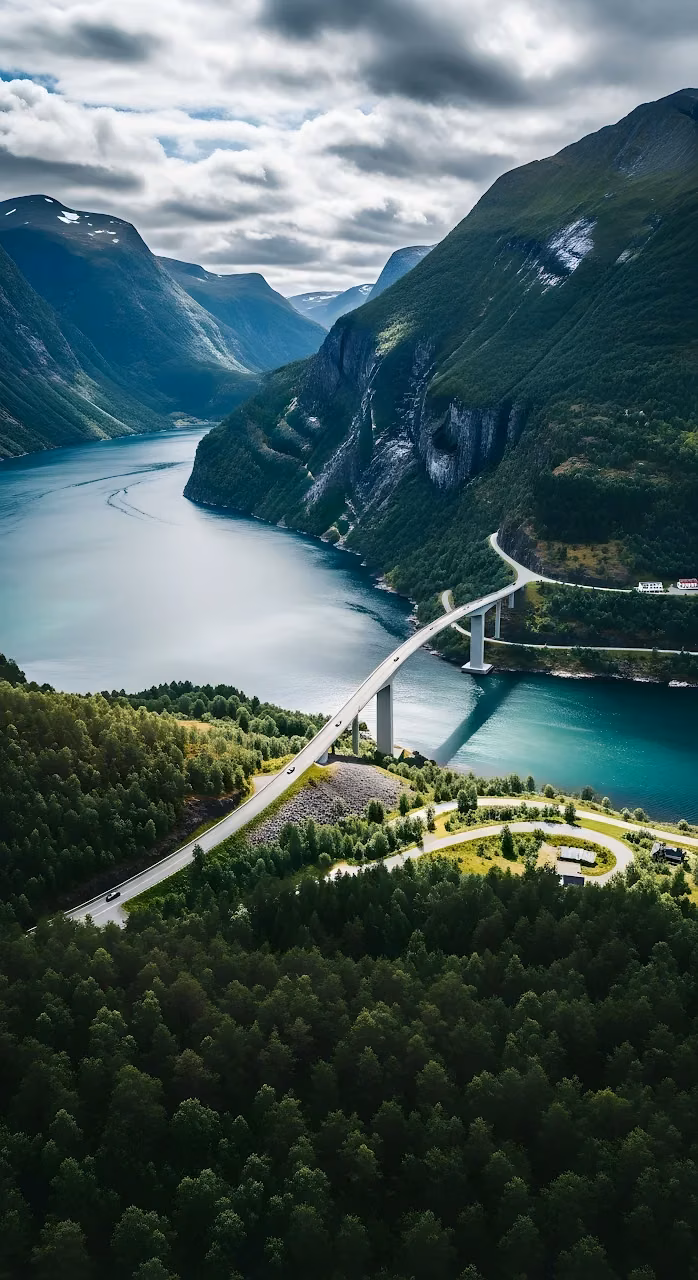 High View of Storseisundet Bridge Across Norwegian Fjord - Free Mobile AMOLED Wallpaper Background