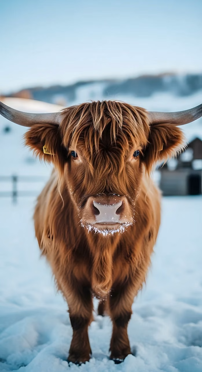 Highland Cow Portrait in Snow Covered Field - Free Mobile AMOLED Wallpaper Background