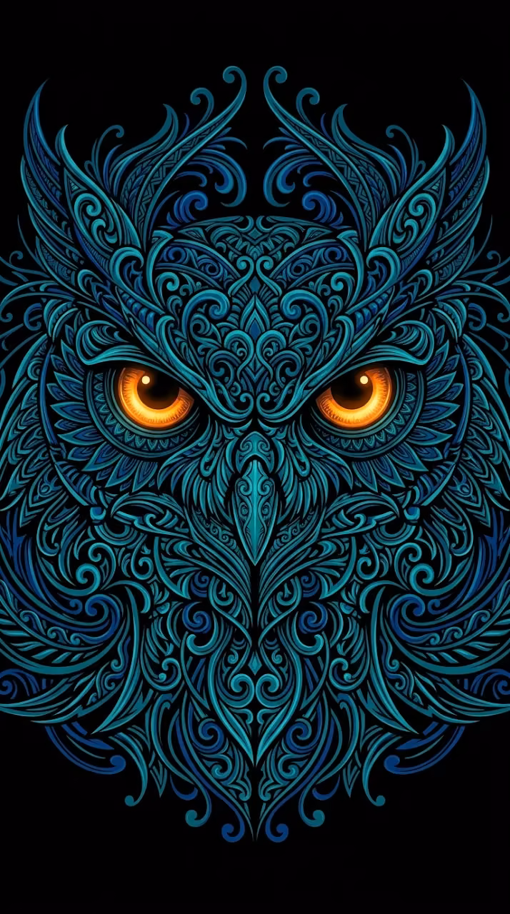 Highly Ornate Dark Blue and Teal Owl Face with Glowing Orange Eyes - Free Mobile AMOLED Wallpaper Background