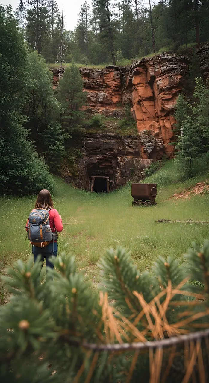 Hiker Approaching Abandoned Mine Entrance in Red Rock Valley - Free Mobile AMOLED Wallpaper Background