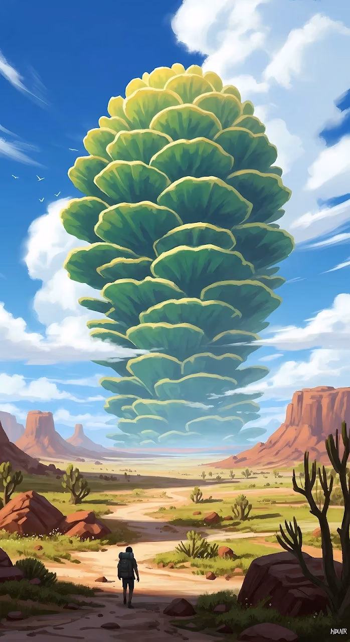 Hiker Approaching Giant Layered Succulent Tree in Desert - Free Mobile AMOLED Wallpaper Background