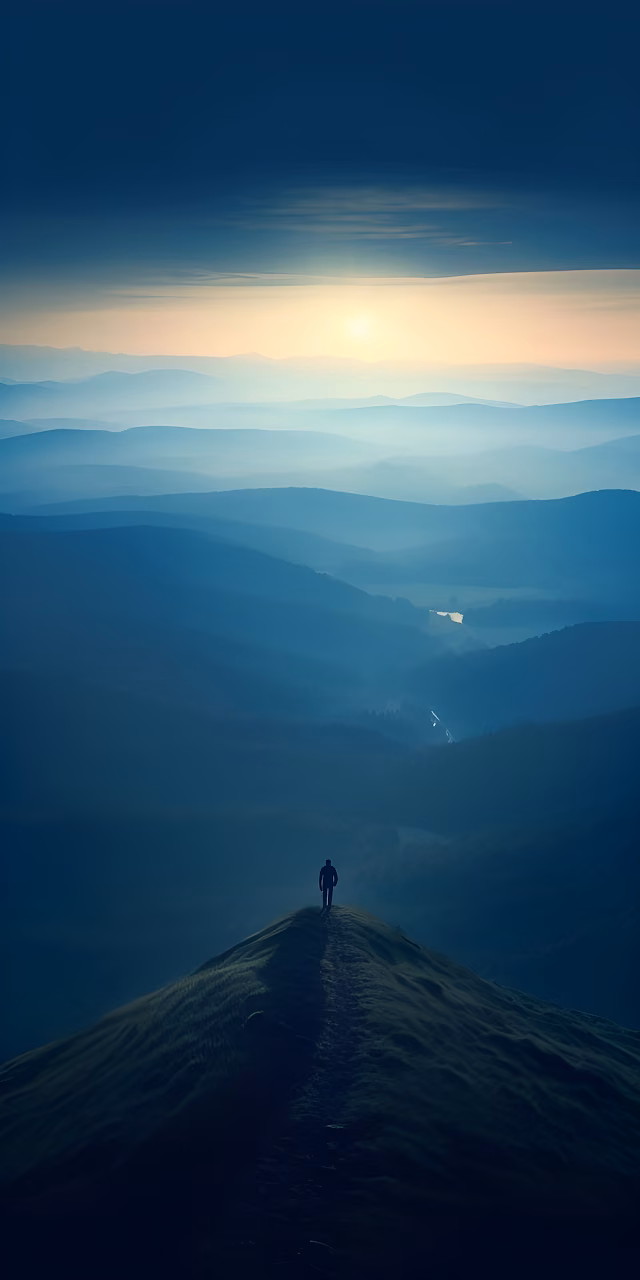 Hiker Sunrise Blue Mountain Layers Ridge Silhouette Vista - Free Mobile AMOLED Wallpaper Background