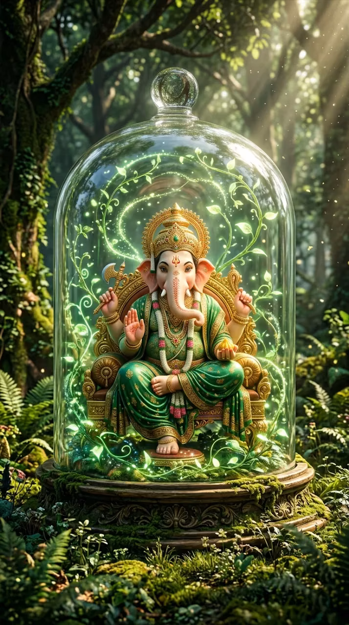 Hindu Deity Ganesha Inside a Magical Glass Bell Jar in a Forest - Free Mobile AMOLED Wallpaper Background