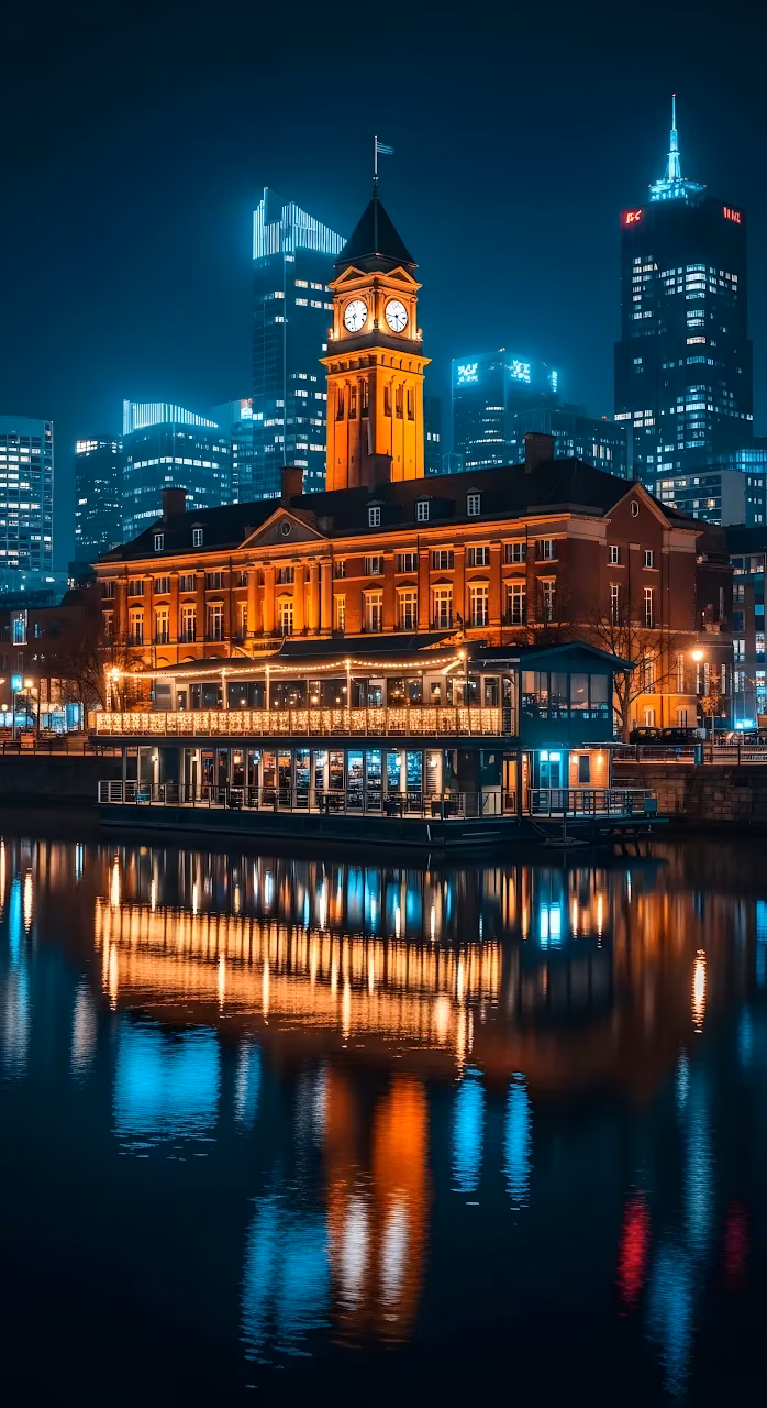 Download Historic Clock Tower Reflected in City River at Night Wallpaper in Mobile HD Historic Clock Tower Reflected in City River at Night - Free Mobile AMOLED Wallpaper Background