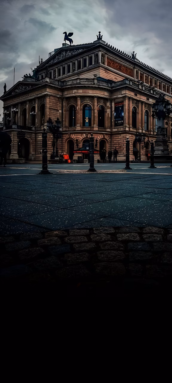 Historic European Opera House Dark Cobblestone Square - Free Mobile AMOLED Wallpaper Background