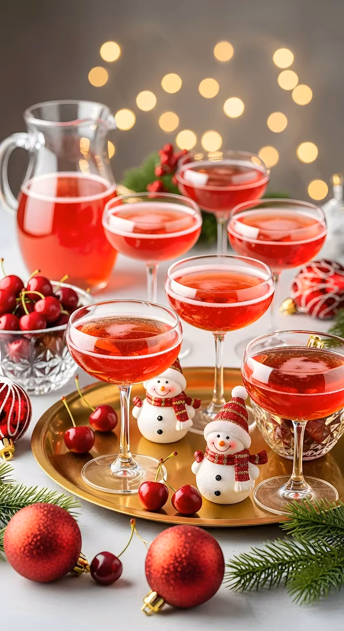 Holiday Cherry Cocktails on Gold Tray with Snowmen Decor - Free Mobile AMOLED Wallpaper Background