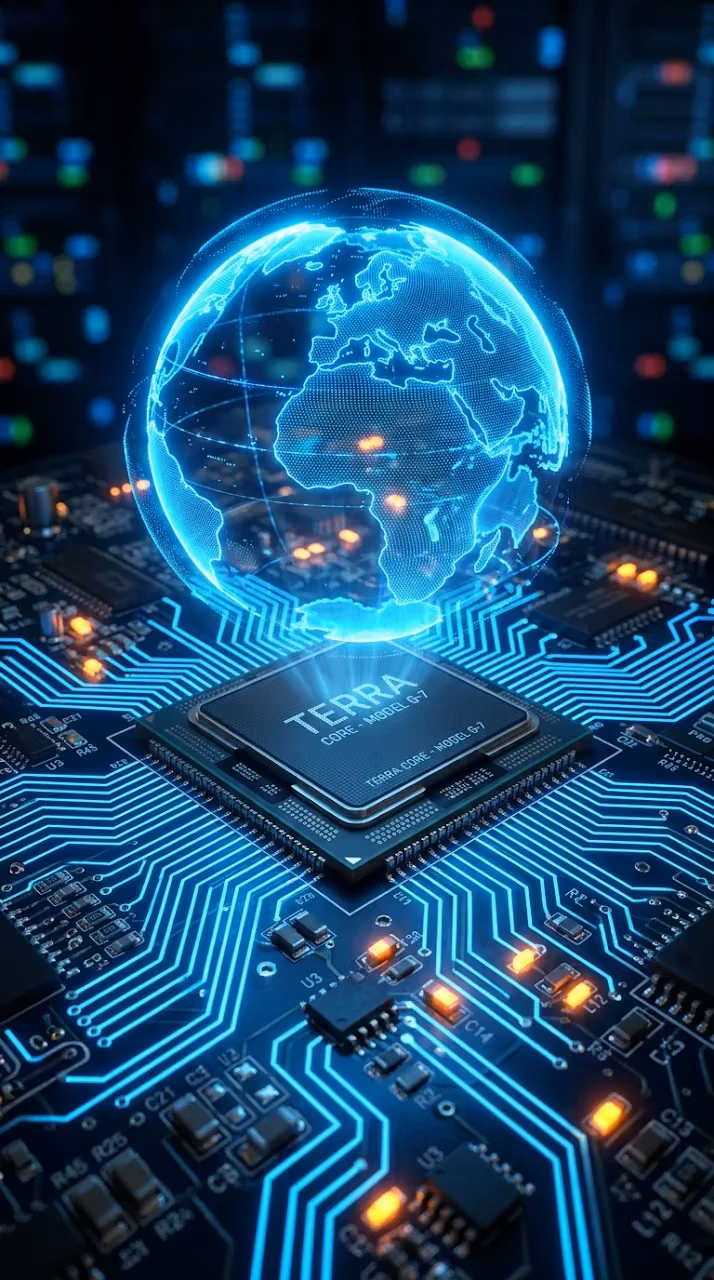 Holographic Blue Globe Floating Over Cyber Processor Microchip Circuit Board - Free Mobile AMOLED Wallpaper Background