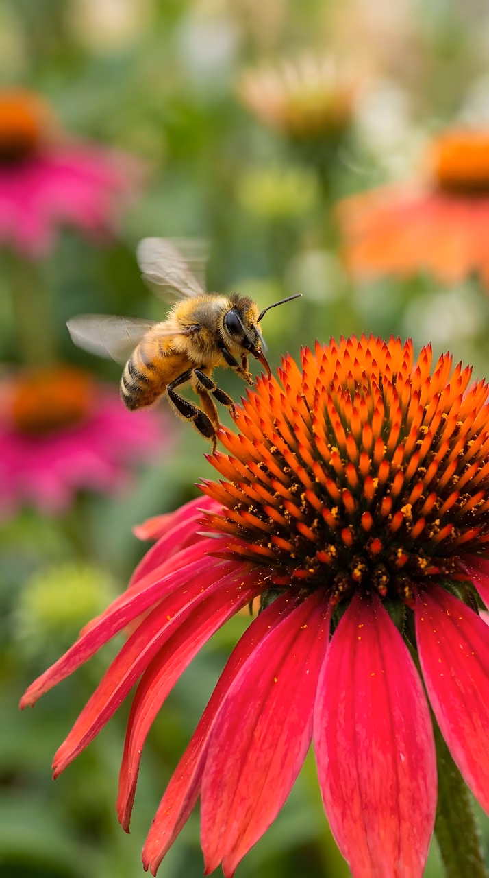 Honey Bee Pollinating a Red Coneflower - Free Mobile AMOLED Wallpaper Background