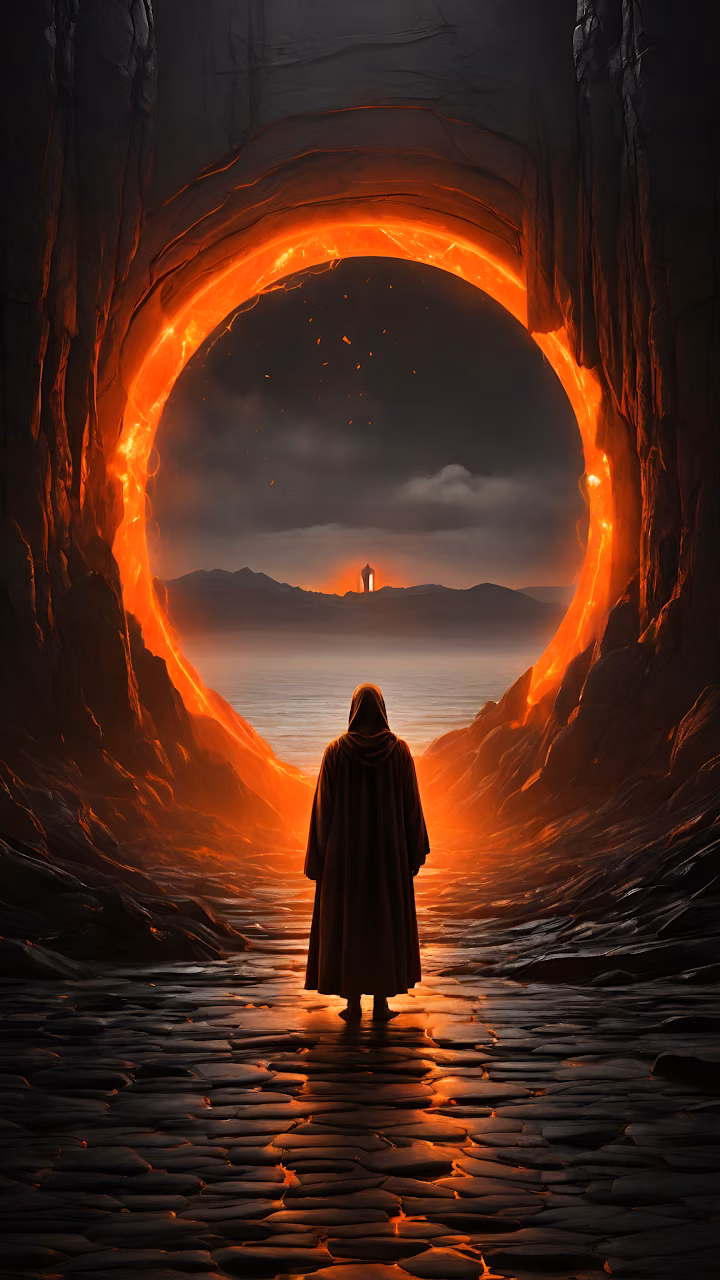 Download Hooded Figure Before Glowing Lava Portal to Distant Tower Wallpaper in Mobile HD Hooded Figure Before Glowing Lava Portal to Distant Tower - Free Mobile AMOLED Wallpaper Background