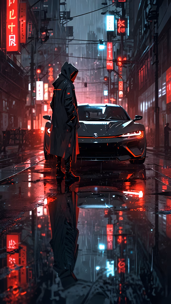 Hooded Figure Beside Futuristic Car in Rainy Cyberpunk Alley - Free Mobile AMOLED Wallpaper Background