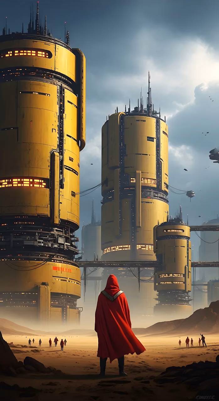 Download Hooded Figure Facing Giant Yellow Sci-Fi Towers Wallpaper in Mobile HD Hooded Figure Facing Giant Yellow Sci-Fi Towers - Free Mobile AMOLED Wallpaper Background