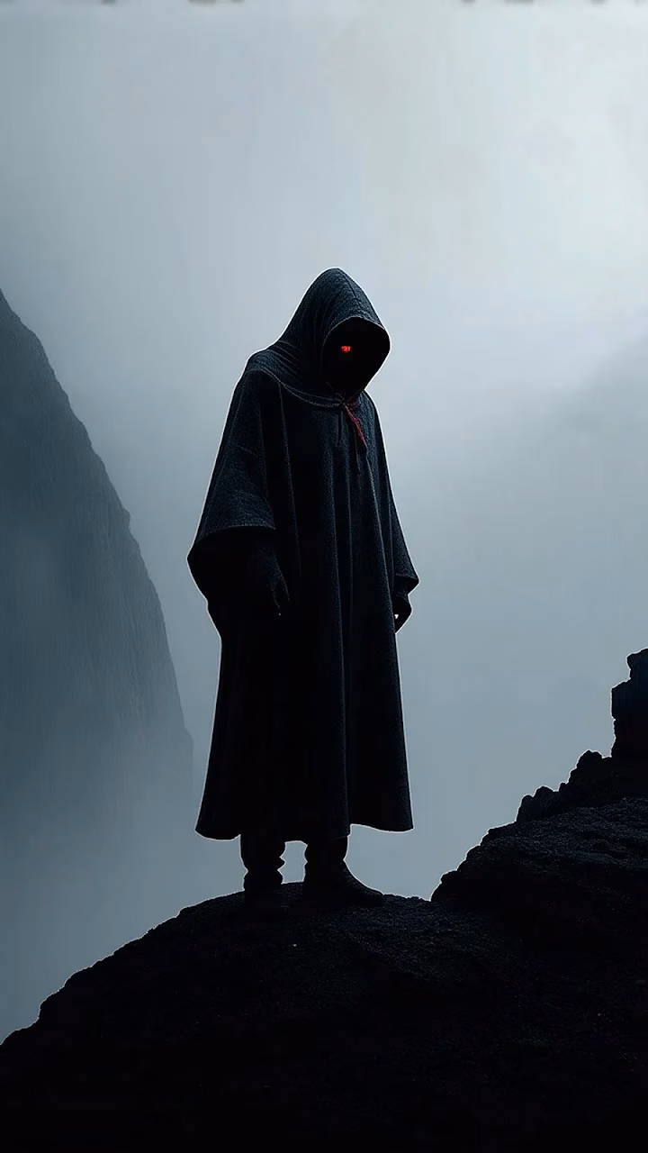 Hooded Figure with Glowing Red Eye on Cliff - Free Mobile AMOLED Wallpaper Background
