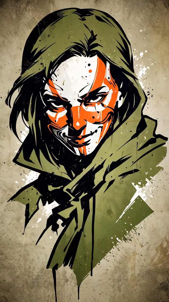 Hooded figure with orange and white face paint in gritty art style - Free Mobile AMOLED Wallpaper Background