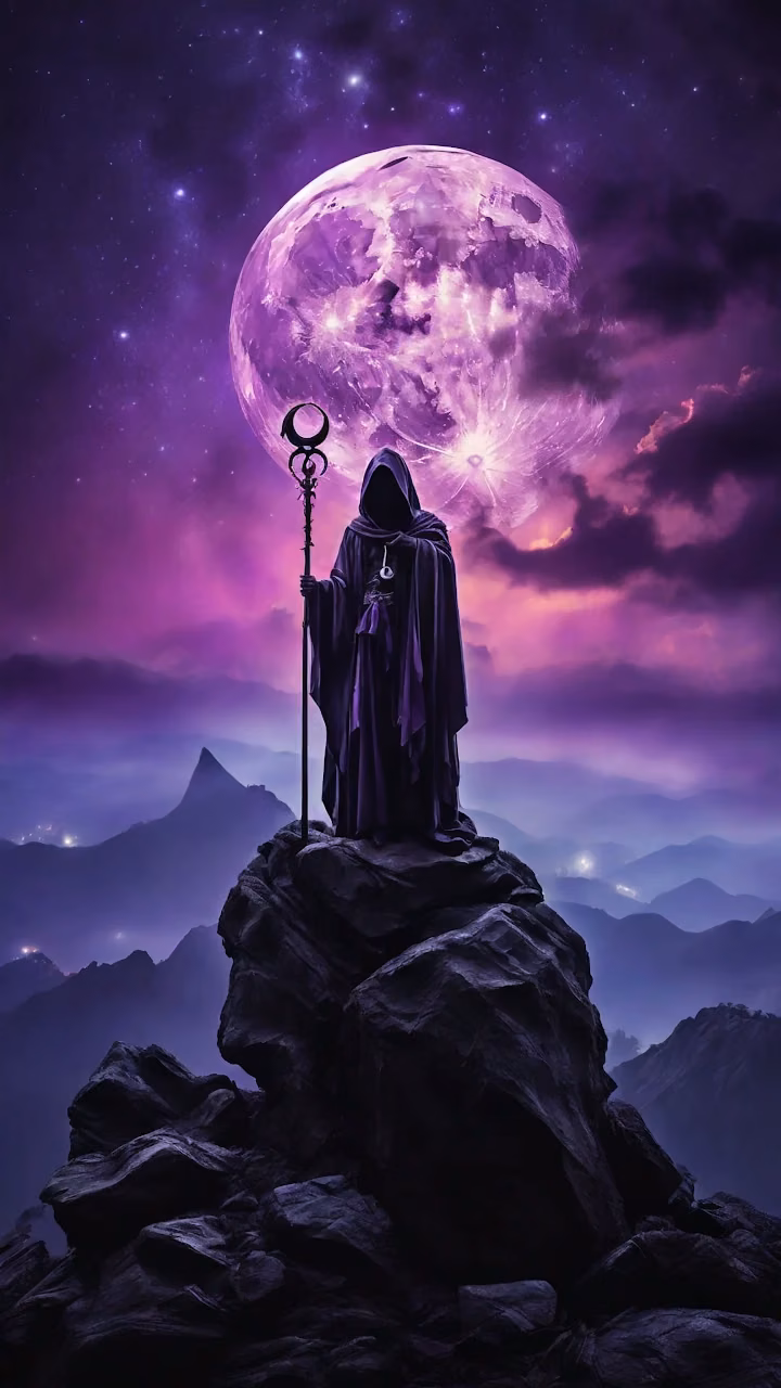Download Hooded Figure with Staff Under Purple Moon Wallpaper in Mobile HD Hooded Figure with Staff Under Purple Moon - Free Mobile AMOLED Wallpaper Background