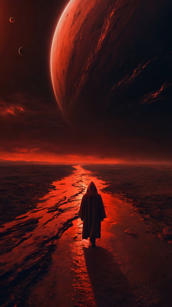 Download Hooded Figure Walking Beneath Giant Red Planet at Dusk Wallpaper in Mobile HD Hooded Figure Walking Beneath Giant Red Planet at Dusk - Free Mobile AMOLED Wallpaper Background