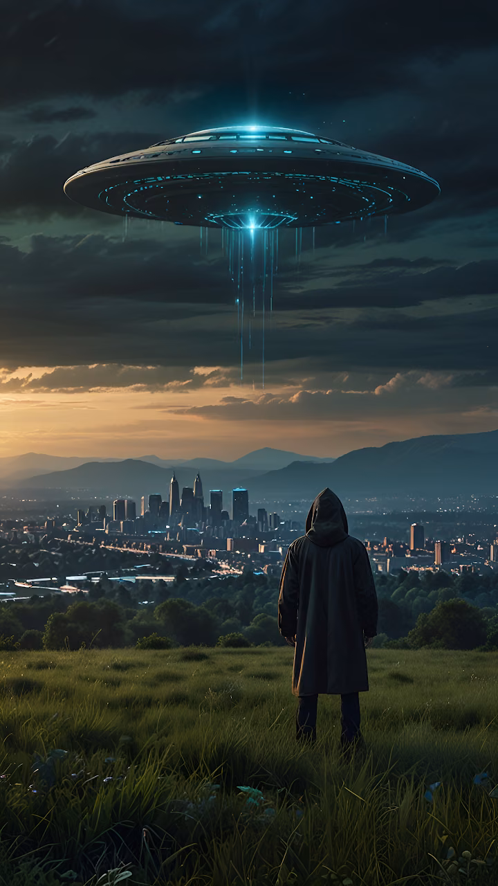 Hooded Figure Watching UFO Hover Over City at Dusk - Free Mobile AMOLED Wallpaper Background