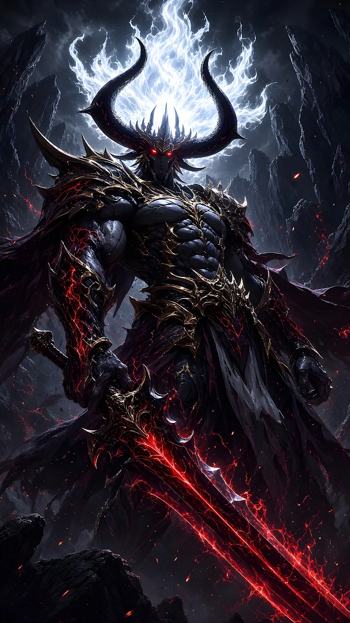 Download Horned Demon King Magma Sword 4K Wallpaper in Mobile HD Towering horned demon king clad in dark ornate armor holding a glowing red blade amid spectral fire.