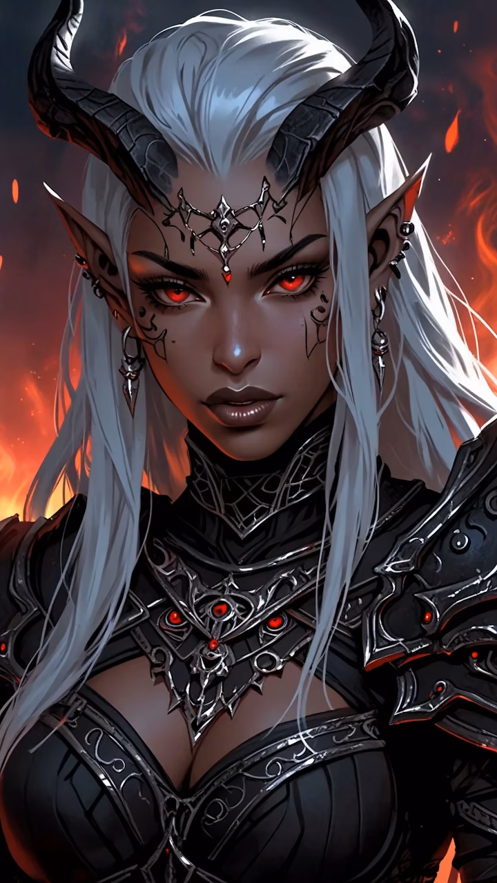 Horned elf with silver hair and crimson eyes in dark armor - Free Mobile AMOLED Wallpaper Background