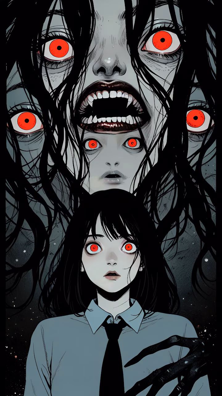 Horror Girl with Red Eyes and Terrifying Multi-Faced Monster - Free Mobile AMOLED Wallpaper Background