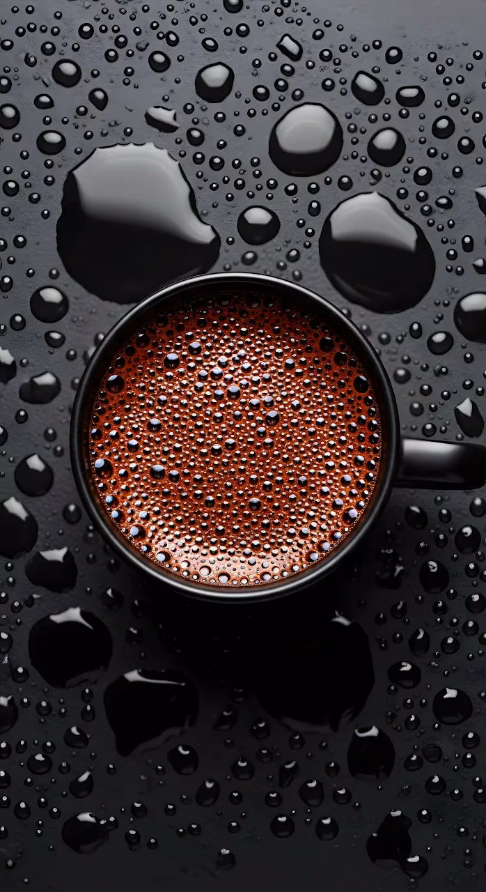 Hot Coffee Mug with Bubbles on Wet Black Surface Overhead - Free Mobile AMOLED Wallpaper Background