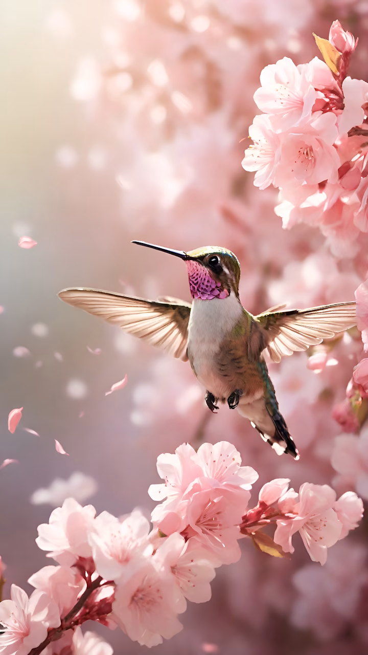Hummingbird in Pink Cherry Blossoms, Spring Macro - Free Mobile AMOLED Wallpaper Background