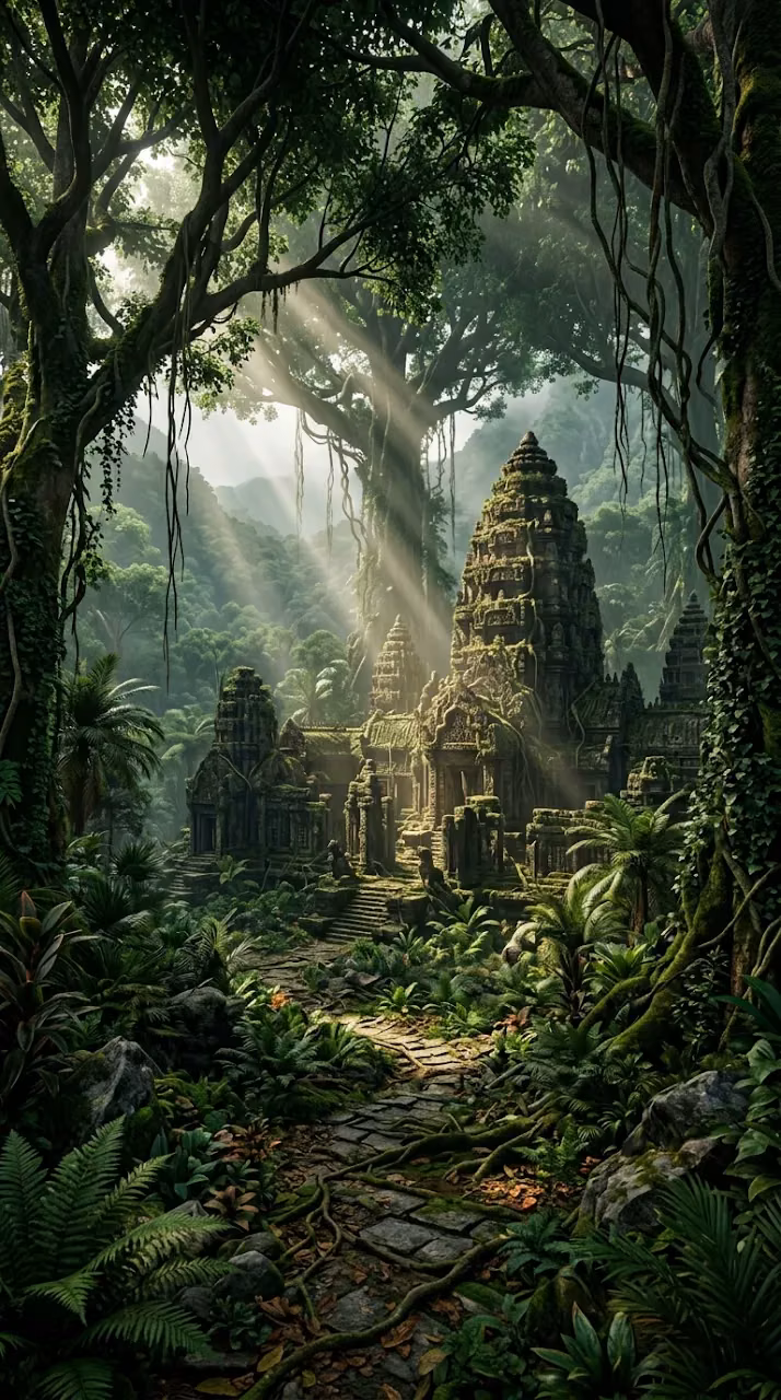Hyper-Realistic Ancient Stone Ruins in a Sprawling Jungle - Free Mobile AMOLED Wallpaper Background