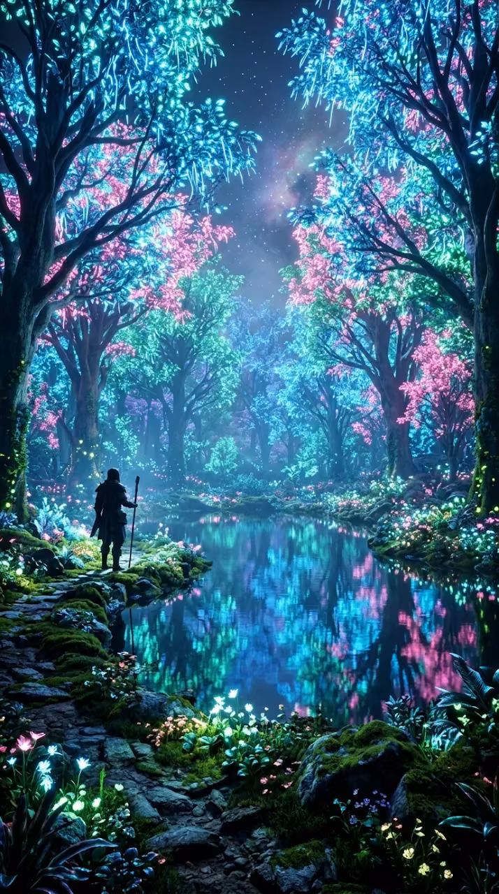Download Hyper-Realistic Bioluminescent Forest with Radiant Pond and Wanderer Wallpaper in Mobile HD Hyper-Realistic Bioluminescent Forest with Radiant Pond and Wanderer - Free Mobile AMOLED Wallpaper Background