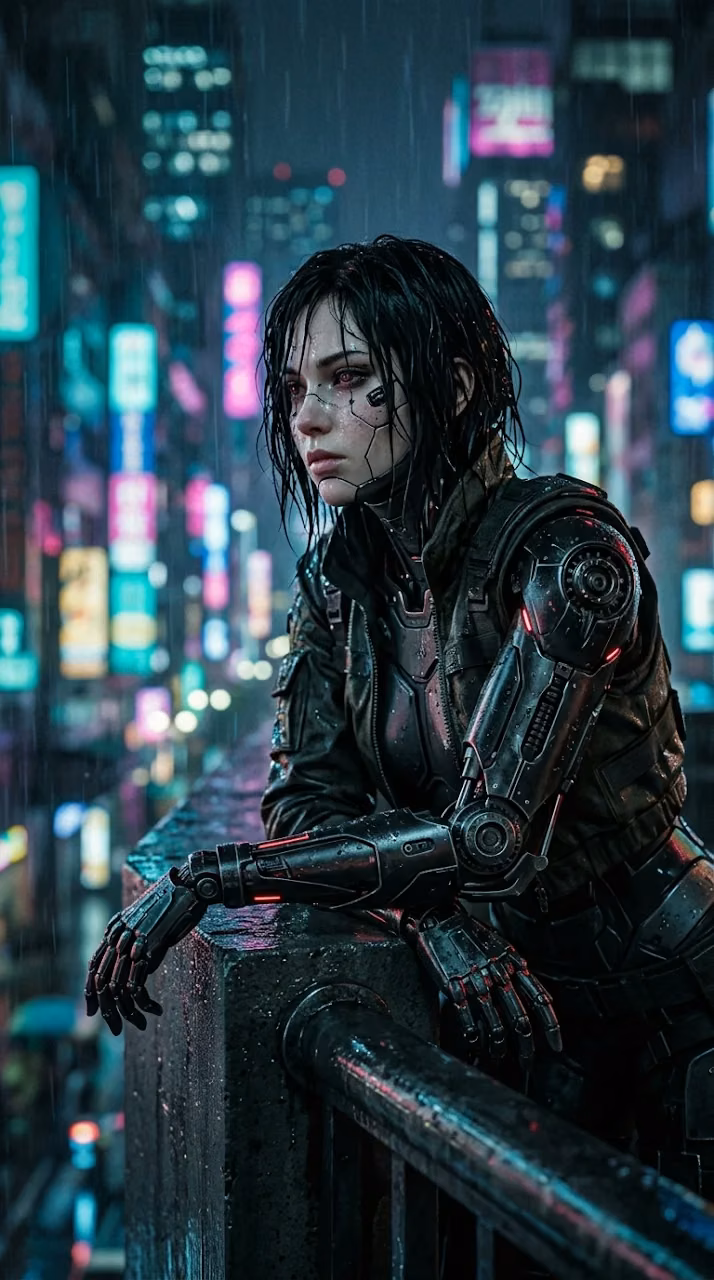 Hyper-Realistic Cyberpunk Portrait of a Female Cyborg in a Neon City - Free Mobile AMOLED Wallpaper Background