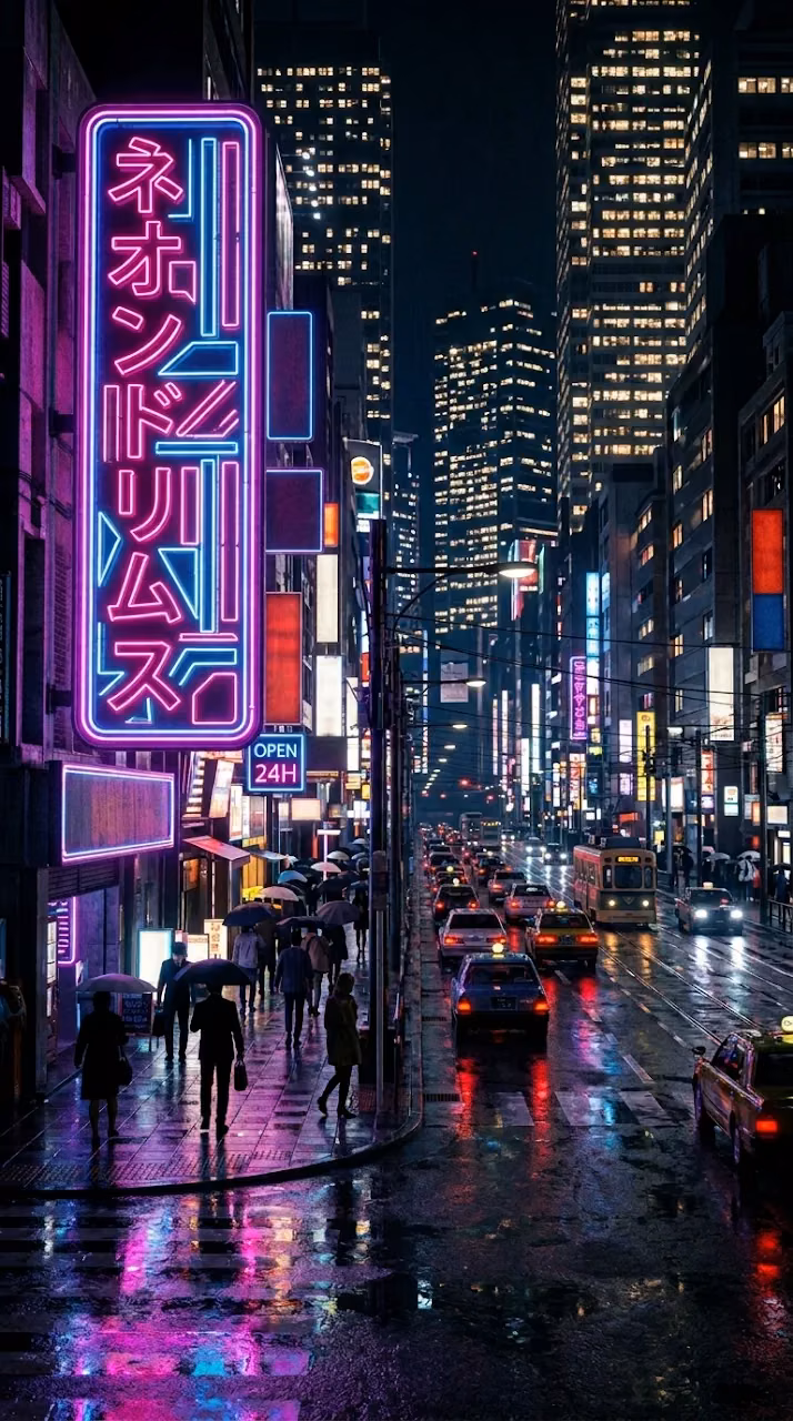 Hyper-Realistic Neon City Street Nightscape - Free Mobile AMOLED Wallpaper Background