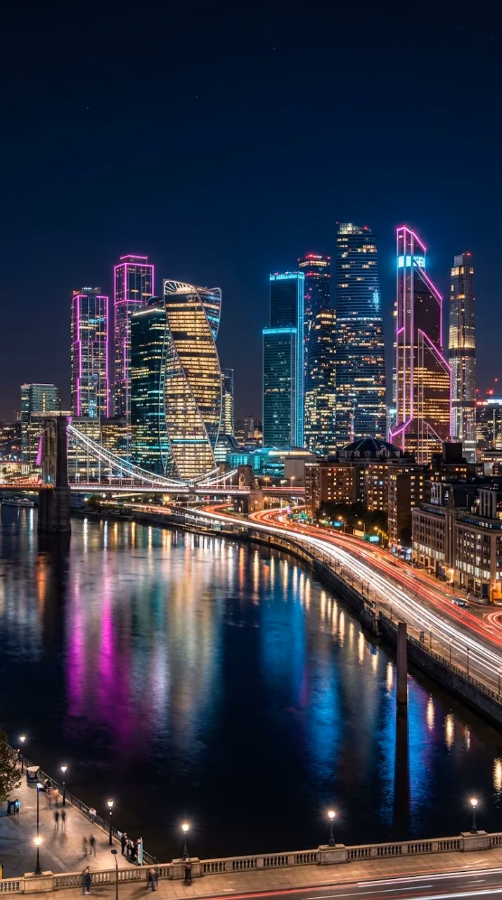 Download Hyper-Realistic Night Cityscape with Neon Skyscrapers and River Wallpaper in Mobile HD Hyper-Realistic Night Cityscape with Neon Skyscrapers and River - Free Mobile AMOLED Wallpaper Background
