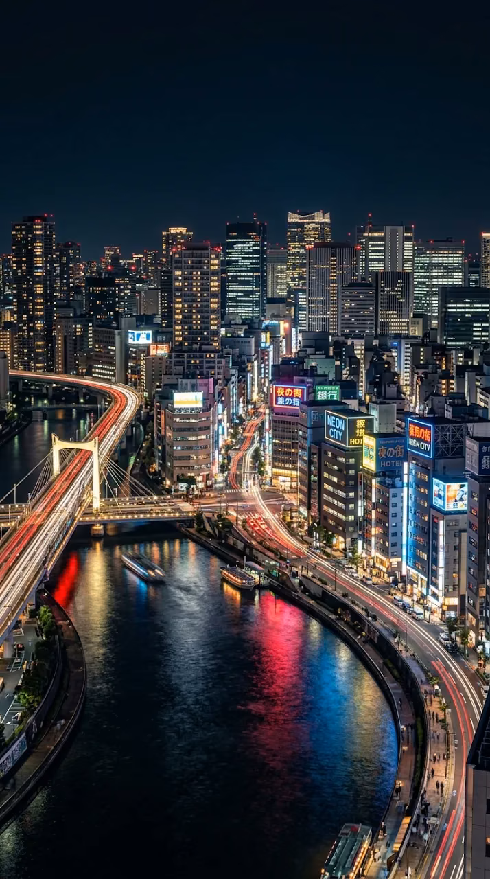 Hyper-Realistic Night Cityscape with Neon Skyscrapers and River Reflection - Free Mobile AMOLED Wallpaper Background
