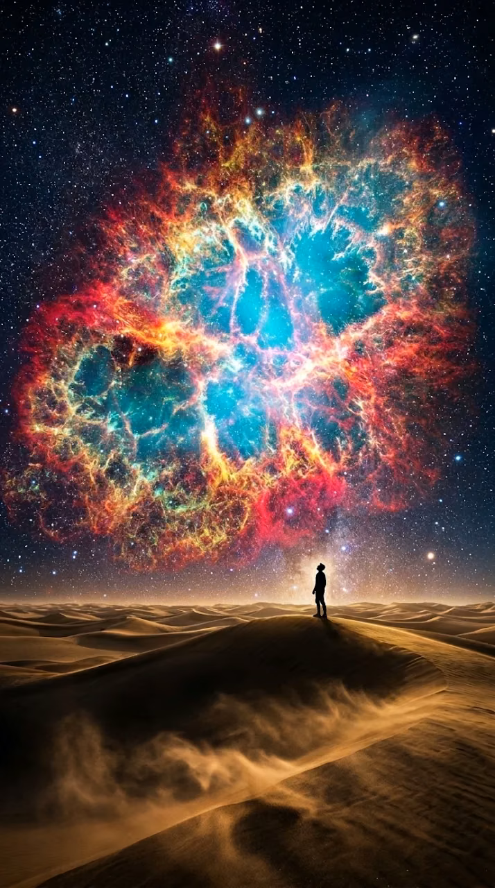 Hyper-Realistic Supernova Burst Over a Barren Desert Dune - Free Mobile AMOLED Wallpaper Background