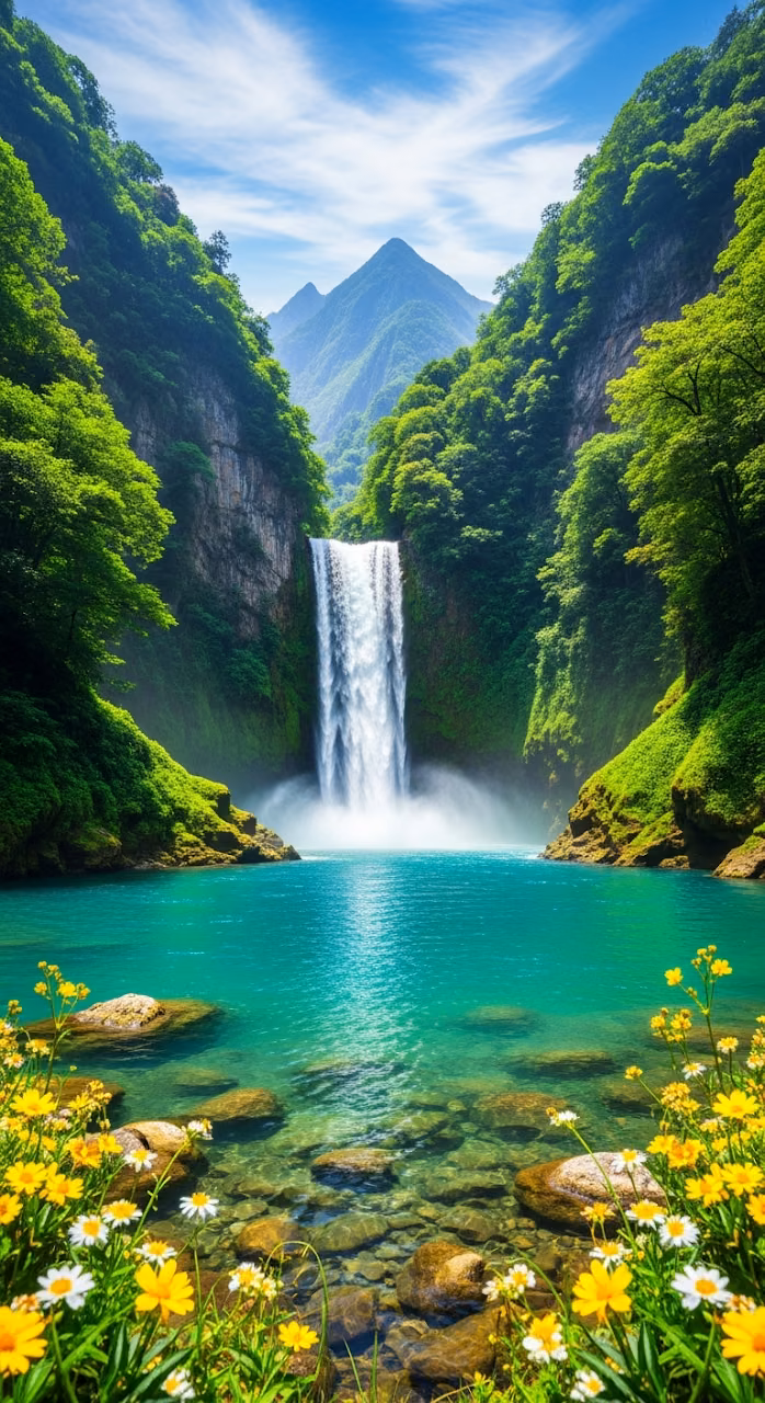 Hyperrealistic Lush Tropical Waterfall Plunging into a Bright Turquoise Blue Lagoon with Wildflowers - Free Mobile AMOLED Wallpaper Background