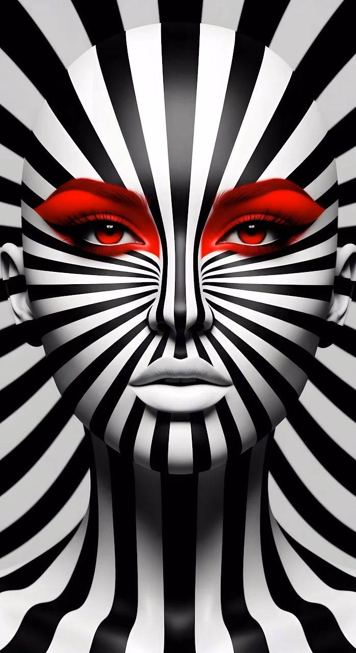 Hypnotic Zebra Stripe Woman Portrait with Intense Red Eyes - Free Mobile AMOLED Wallpaper Background