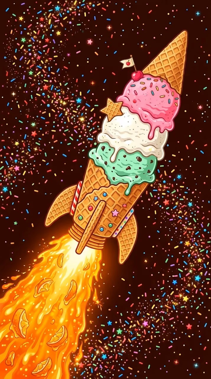 Ice Cream Scoop Rocket Ship Blasting Off into Sprinkle Space - Free Mobile AMOLED Wallpaper Background