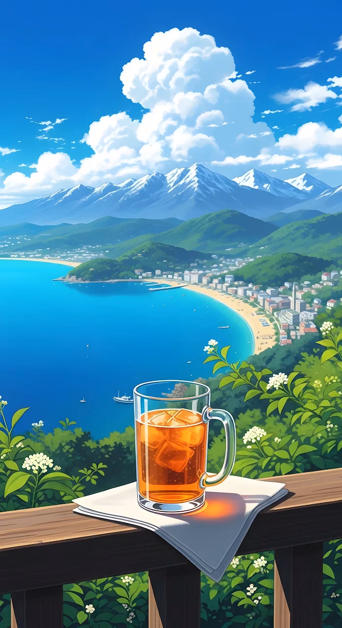 Iced Tea Over Coastal Mountain Vista - Free Mobile AMOLED Wallpaper Background