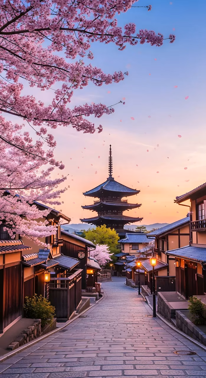 Iconic Japanese Pagoda Street View Cherry Blossom Sunset - Free Mobile AMOLED Wallpaper Background