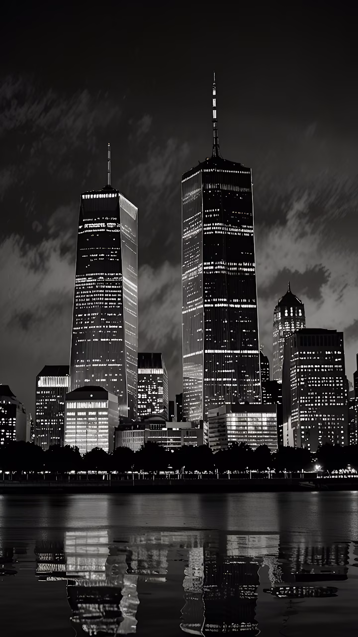 Iconic Twin Towers Cityscape Black and White Night View - Free Mobile AMOLED Wallpaper Background