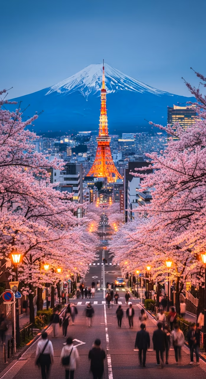 Iconic View of Mt Fuji and Tokyo Cityscape Down a Street Lined with Cherry Blossoms at Dusk - Free Mobile AMOLED Wallpaper Background