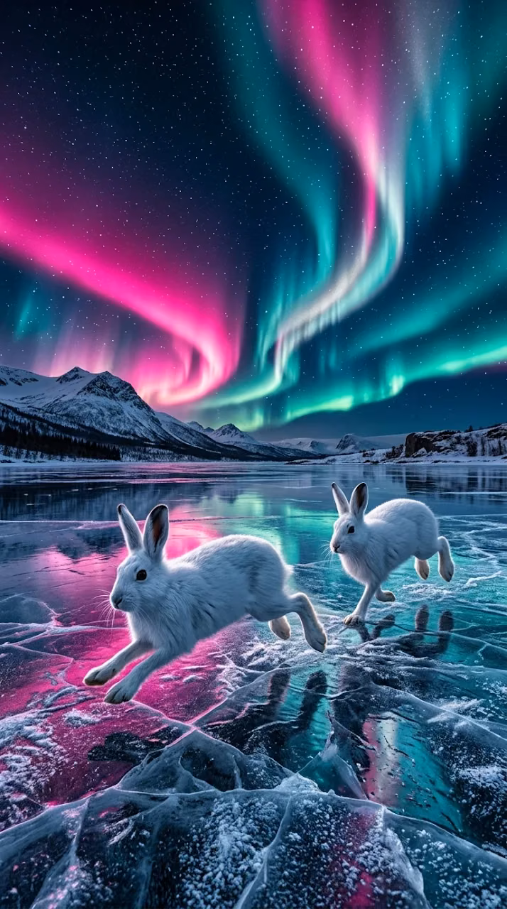 Download Icy Lake Reflecting Vivid Aurora with Arctic Hares Wallpaper in Mobile HD Icy Lake Reflecting Vivid Aurora with Arctic Hares - Free Mobile AMOLED Wallpaper Background