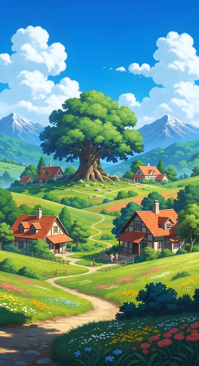 Download Idyllic Anime Village Landscape with Giant Tree and Mountains Wallpaper in Mobile HD Idyllic Anime Village Landscape with Giant Tree and Mountains - Free Mobile AMOLED Wallpaper Background